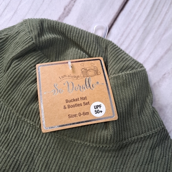 So Dorable Bucket Hat and Booties Set Green Corduroy Ribbed 0-6 Months UPF 50+ - Picture 2 of 5